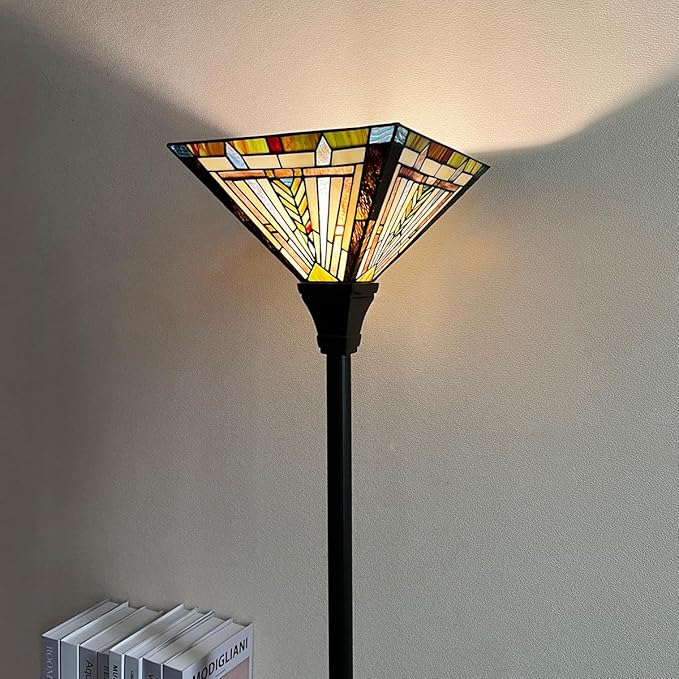 Tiffany Torchiere Floor Lamp,Stained Glass Lamp Shade,Vintage Antique Mission Tiffany Style Standing Light for Living Room and Bedroom