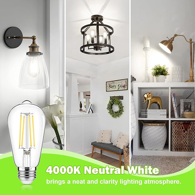 4-Pack Vintage Edison Bulbs 60W Equivalent, 850LM 6W LED Light Bulb Neutral White 4000K, ST58 Filament Lighting E26 Base, Non-Dimmable - Aura Lighting
