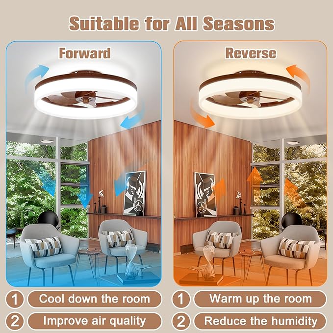 VOLISUN Farmhouse Ceiling Fans with Lights and Remote, 19.7in Low Profile Ceiling Fan Flush Mount, 3000K-6500K Dimmable Bladeless LED Fan Light, Fandelier Ceiling Fans with Lights for Bedroom(Walnut) - Aura Lighting