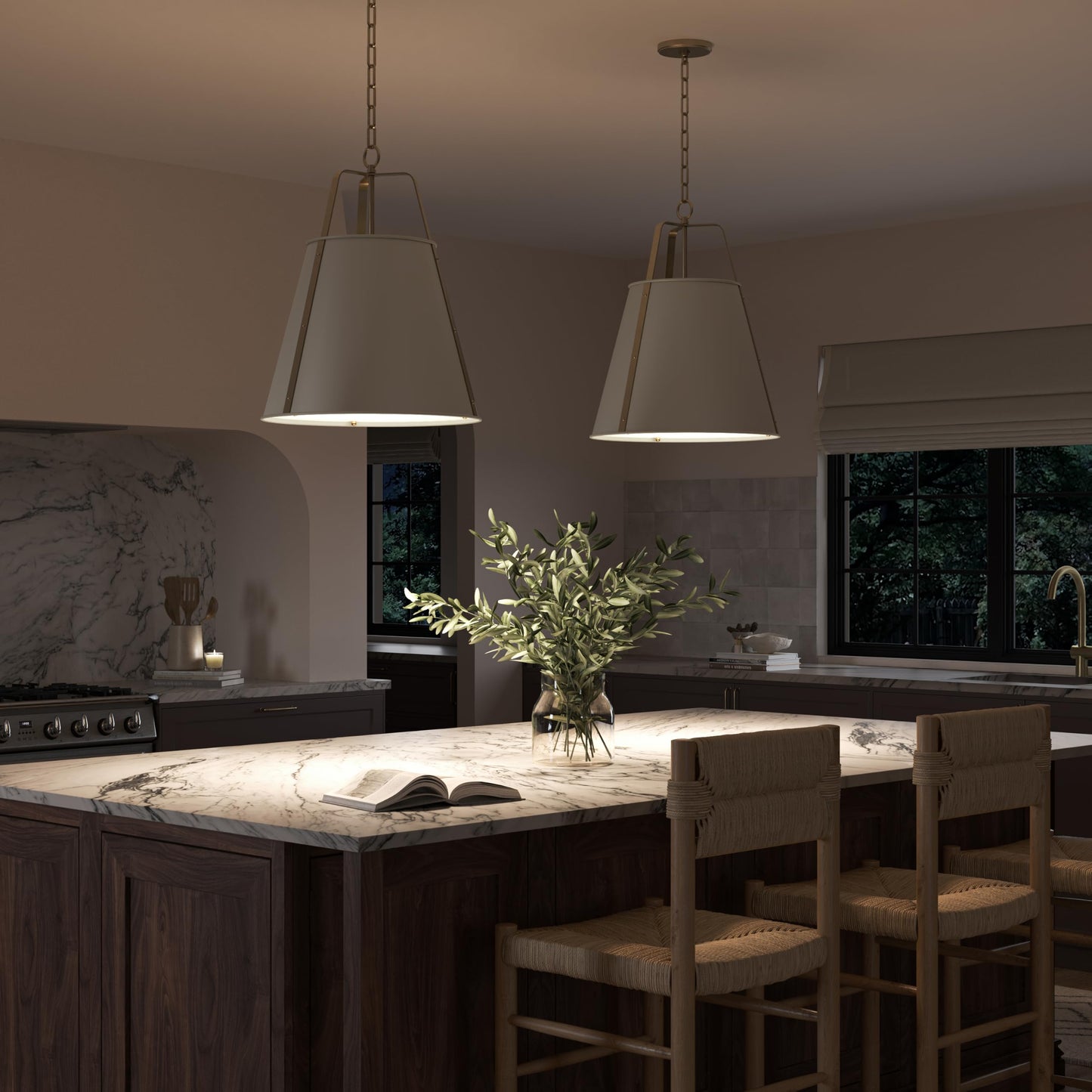Etcher 18" 2 Light Updated Traditional Pendant with Satin Etched White Glass Diffuser in Greige and Champagne Bronze