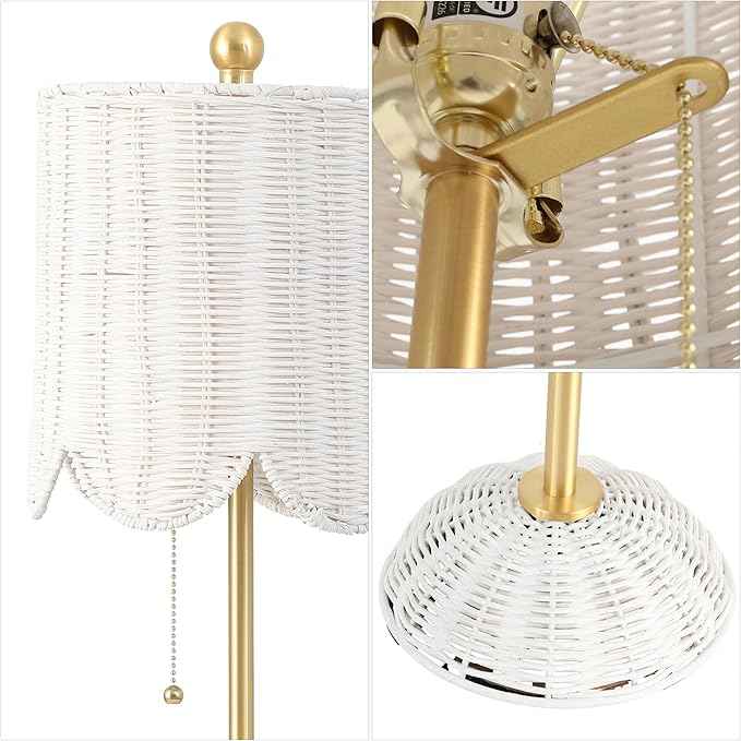 JONATHAN Y 27.5" White/Brass Gold Coastal Buffet Table Lamp Set of 2 for Bedroom, Boho Table Lamps with Natural Rattan Scalloped Shade, Pull Chain, LED Bulbs Included (JYL1138B-SET2)