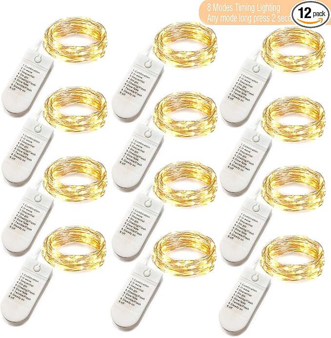 [12-Pack] 8 Modes Fairy String Lights with Timer, 20 LEDs Lights on 6.5ft Silver Wire,Fairy Lights Battery Powered 2xCR2032,3 to 4 Days in The Timing, Party,Wedding,Christmas Table Decor,WarmWhite