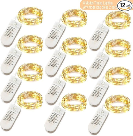 [12-Pack] 8 Modes Fairy String Lights with Timer, 20 LEDs Lights on 6.5ft Silver Wire,Fairy Lights Battery Powered 2xCR2032,3 to 4 Days in The Timing, Party,Wedding,Christmas Table Decor,WarmWhite