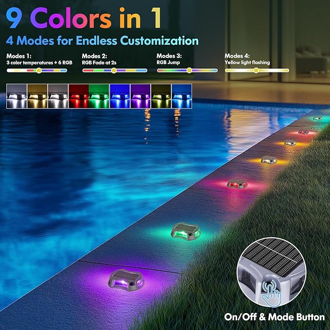 Bosceos Solar Driveway Lights Outdoor 20-Pack, Solar Deck Lights RGB Color Modes Dock Light Waterproof Driveway Markers Step Light for Sidewalk Stair Garden Pathway Walkway Yard