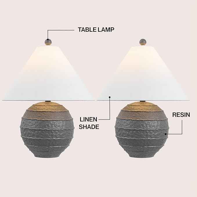 JONATHAN Y 21" Gray Coastal Cottage Textured Resin Table Lamp Set of 2, Farmhouse Ridged Nightstand Lamps for Living Room Bedroom, White Linen Shade, LED Bulbs (JYL9205B-SET2)