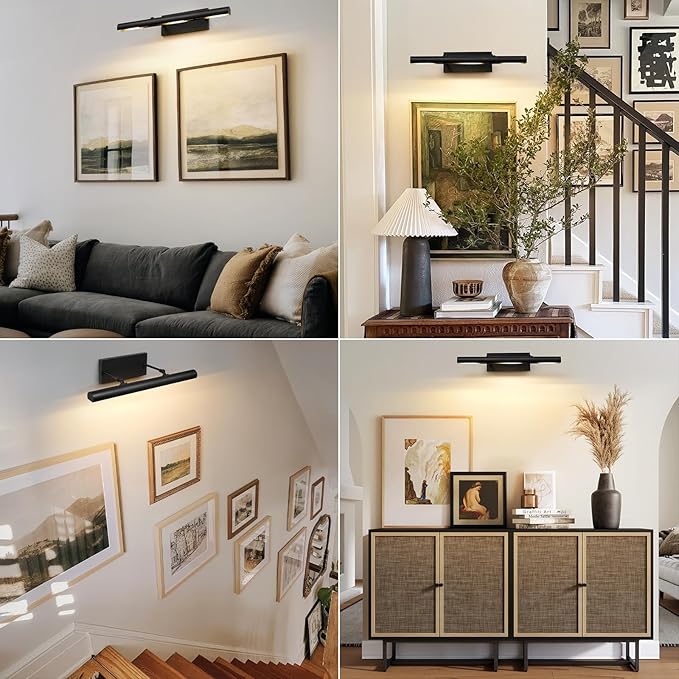 Art Picture Frame Wall Light: 24" Black Dimmable Vintage Artwork Brass Painting Spotlight - Hardwired Swing Arm Rotatable 3 Lights over Pictures - Linear Accent Lighting above Photo for Gallery Museum