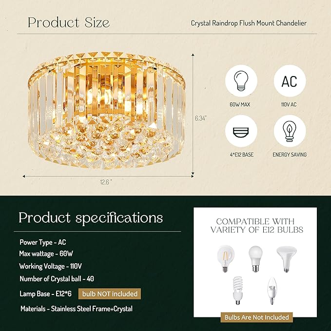 12.6" Gold K9 Crystal Raindrop Flush Mount Ceiling Light, Modern Chandelier, Round Luxury Light Fixture for Dining Room, Bedroom, Hallway, Kitchen Island & Living Room - Aura Lighting