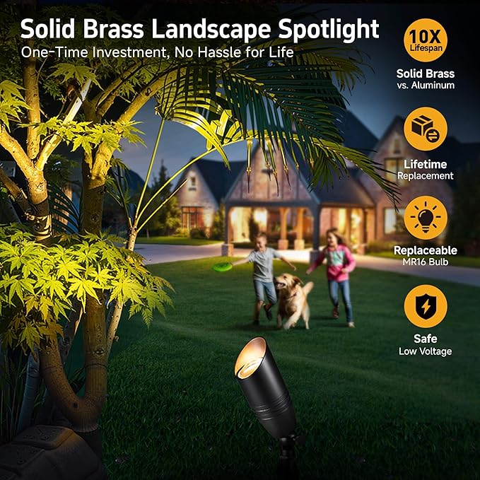 Gardenreet Landscape Spotlights Low Voltage - Brass 12V Outdoor Uplight LED, Wired Spot Lights IP65 Waterproof, Bright Metal Black for Exterior Garden Yard Tree House Without MR16 Bulb - Aura Lighting