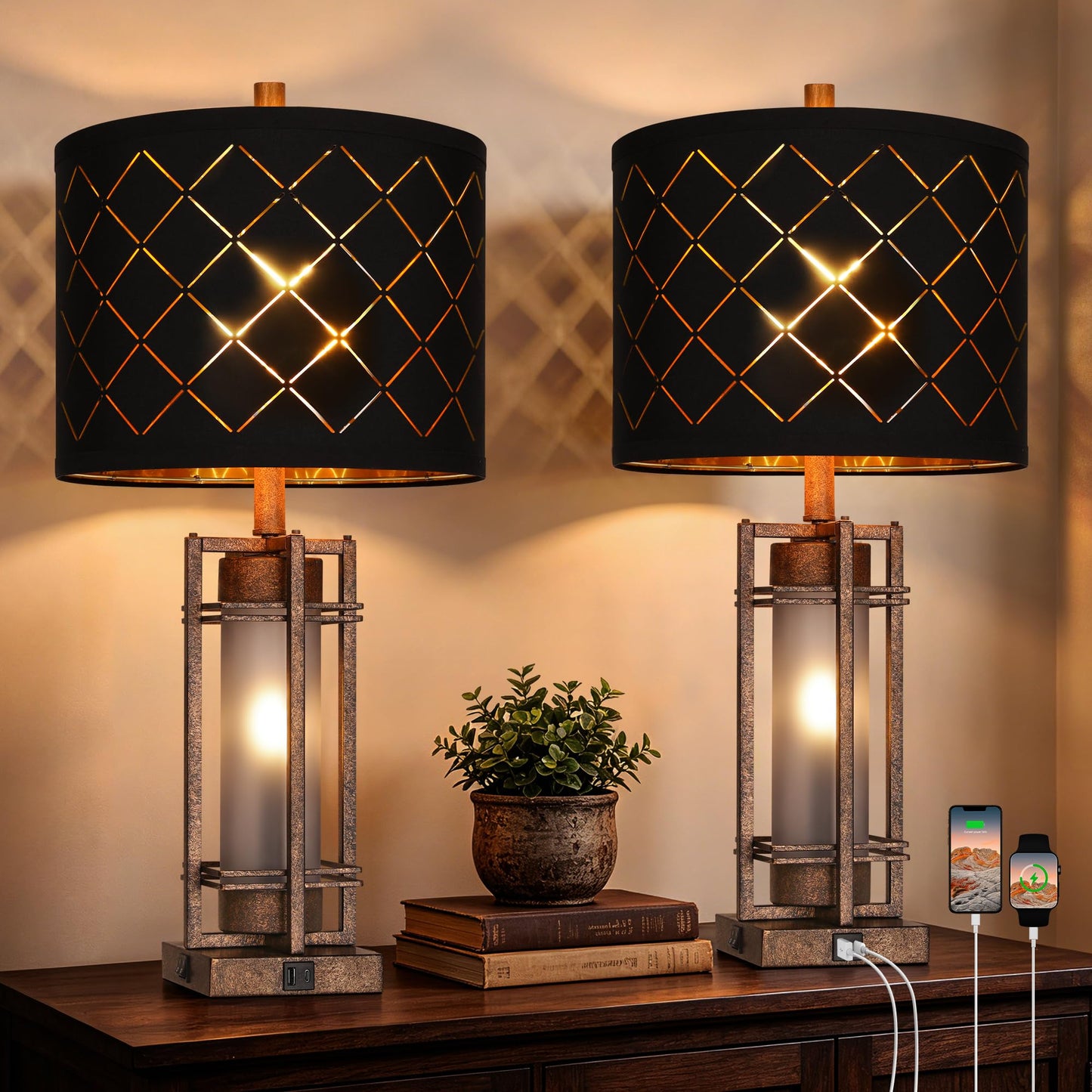 Vintage Finish Table Lamp Set of 2 with USB Ports (2 Count)