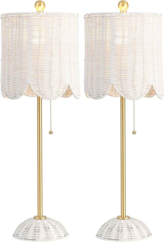 JONATHAN Y 27.5" White/Brass Gold Coastal Buffet Table Lamp Set of 2 for Bedroom, Boho Table Lamps with Natural Rattan Scalloped Shade, Pull Chain, LED Bulbs Included (JYL1138B-SET2)
