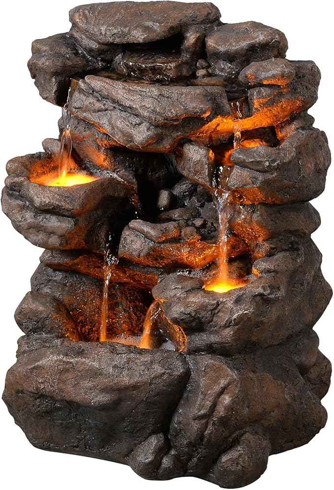 Outdoor Waterfall Fountain 20.5" Tiered with LED Lights, Natural Rock Design, Weatherproof Resin – Waterfall Fountain for Garden, Patio, Yard 24393
