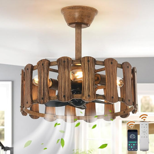 Garwarm 18in Caged Ceiling Fan with Light, Chandelier Farmhouse Ceiling Fans with Lights and Remote,Bladeless Rustic Fandelier Ceiling Fan for Kitchen, Bedroom（6 Speed, Timing）-Rustic Wood