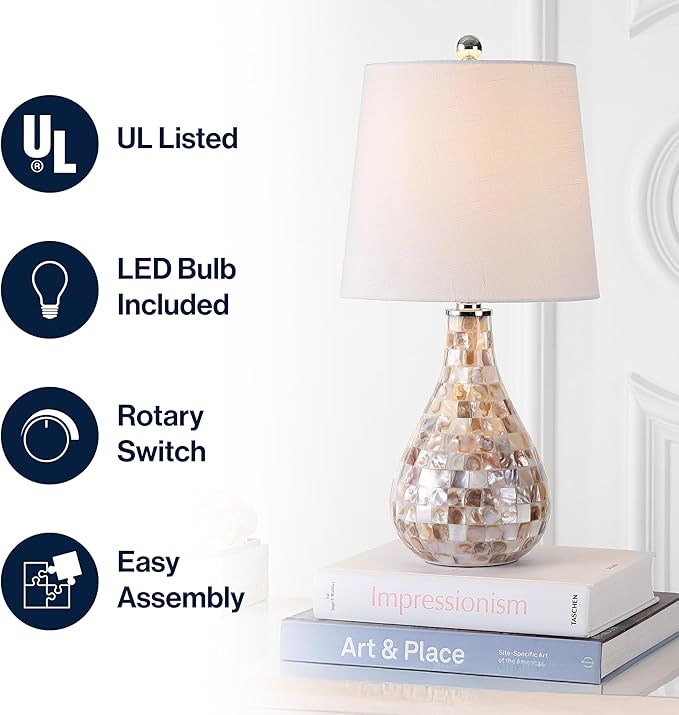 JONATHAN Y JYL1024A 20.5" Coastal Seashell Mosaic Table Lamp for Living Room, Bedroom, Bedside Nightstand Lamp with White Linen Drum Shade, Cottage Beach House Accent Lamp, LED Bulb Included