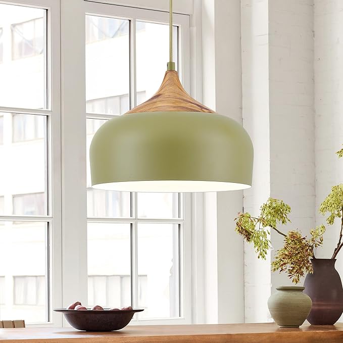 ELYONA Vintage Pendant Light Fixtures with Faux Pine Wood Grain, 12 Inch Adjustable Hanging Light Moss Green Metal Shade, Mid Century Modern Nordic Pendant Lamp for Kitchen Island Dining Room Bedroom