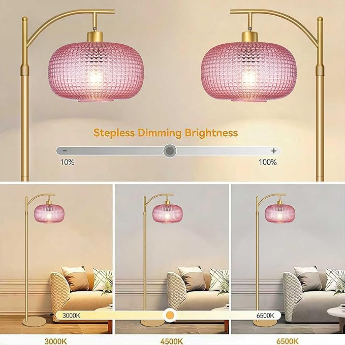 Glass Floor Lamp for Living Room, Modern Tall Standing Lamp with Pink Glass Lamp Shade, Dimmable Gold Tall Floor Lamp for Bedroom Office with Remote Control, 1 x 12W LED Bulbs Included