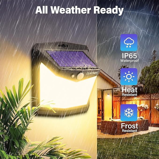 CLAONER Solar Lights Outdoor, [128 LED/8 Packs] Solar Motion Lights 3 Working Modes Solar Wall Lights with 270°Wide Angle Wireless IP65 Waterproof Motion Sensor Outdoor Deck Lights, Warm White