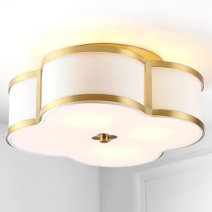 JONATHAN Y 13" Brass Gold Modern Scalloped LED Flush Mount Ceiling Light Fixture, White Linen Shade Quatrefoil Chandelier for Bedroom Living Room Kitchen Hallway Foyer (JYL9508B)