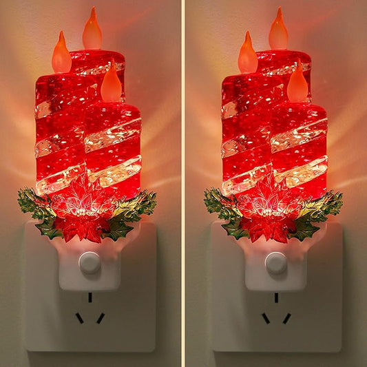 2 Pack Christmas Candle Night Light Plug into Wall Glitter Water Nightlight with USB/Outlet Options, Christmas Decorative Nightlight for Bedroom Kitchen Nursery Holiday Decorations Gifts (Red Candle)