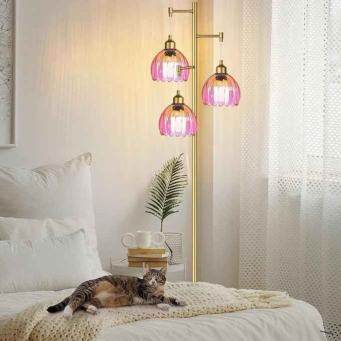 Floor Lamp for Living Room,Bedroom,Gold Mid Century Modern Standing Lamp Brass Tree 3 Light Tall Floor Lamps Vintage Retro Floor Lights Glass Flower Lamp Shade Farmhouse Boho Bohemian