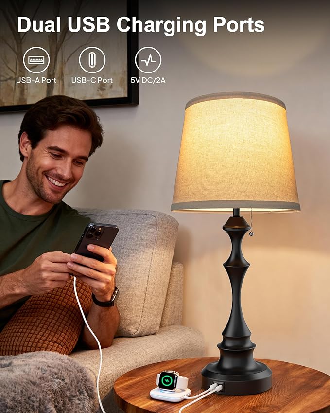 22'' Table Lamp for Living Room Set of 2: Farmhouse Table Lamp for Night Stands, 3-Way Dimmable Rustic Lamp with USB C+A Charging Ports, Side Table Lamp with Linen Fabric Shade, LED Bulbs Included