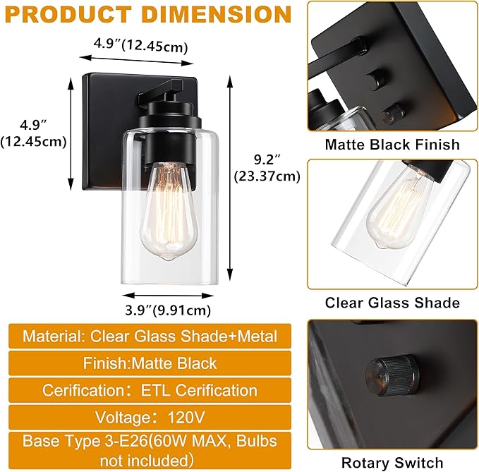 Pia Ricco Wall Sconces Set of Two, Bedside Wall Lamps with Rotary Switch for Bedroom, Modern Bathroom Light Fixtures with Clear Glass Shade, Black Sconces Wall Lights for Living Room, Hallway, Kitchen - Aura Lighting
