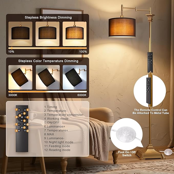 Scenekoy 68″ Tall Smart LED Floor Lamp for Living Room Bedroom, Antique Gold Finish, Remote Control, 350º Adjustable Swing Arm Standing Lamp with Black Shade, Decor for Reading House Home Office