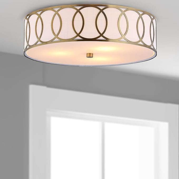 JONATHAN Y 12.25" Brass Gold Modern Metal LED Flush Mount Ceiling Light for Bedroom Hallway, White Linen Drum Shade with Geometric Fretwork, LED Bulbs Included (JYL3503A)