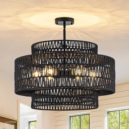 23.6" Rattan Ceiling Light Fixture, 6-Light Semi Flush Mount Boho Ceiling Light, Wicker Light Fixture with 3-Tier Hand-Woven Drum Shade, Farmhouse Rattan Chandelier for Dining Room Living Room Bedroom