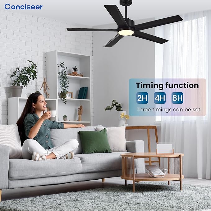 Modern Ceiling Fans with Lights,52 Inch Ceiling Fans with Remote for Bedroom Living Room Kitchen, 18W 3CCT Dimmable，5 Blades 6 Speed Reversible Quiet DC Motor Black