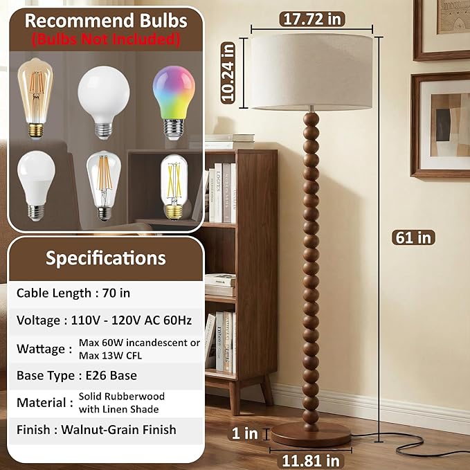 Buruis 61" Beaded Wood Floor Lamp with 17.2" Large Linen Shade, UL Listed, Retro Mid-Century Accent Walnut Finish Standing Lamp for Living Room, Bedroom, Office, Corner, Bulb Not Included, Cream