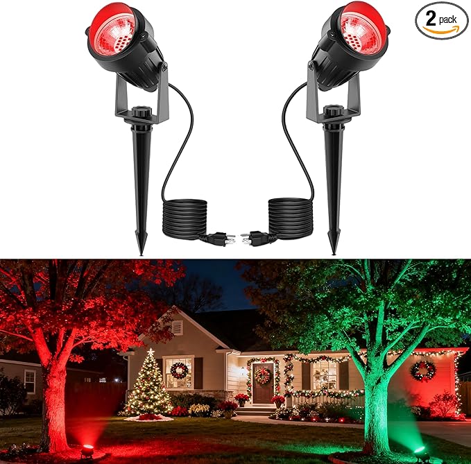 L LOHAS LED Christmas Spotlight Outdoor, Red Spot Lights for Yard, Auto On/Off 5W 120V Landscape Lighting for House, Holiday, Trees, Decoration, 450LM IP66 Waterproof, UL Listed, 2 Pack - Aura Lighting