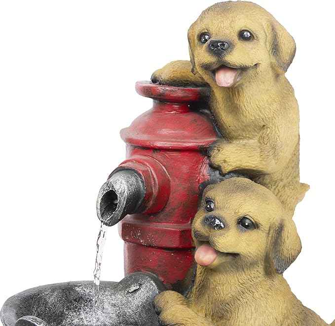 Alpine Corporation GXT986 26" Tall Outdoor Barrel Fountain with Playful Puppies, Cascading Garden Water Feature for Patio, Lawn, or Yard Decor, Brown