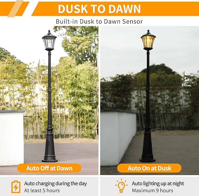 LUTEC Outdoor Solar Lamp Post Light, Dusk to Dawn Waterproof Pole Light with Patterned Glass, Exterior Vintage Black Solar Powered Street Light Fixtures for Garden, Patio, Pathway, Yard
