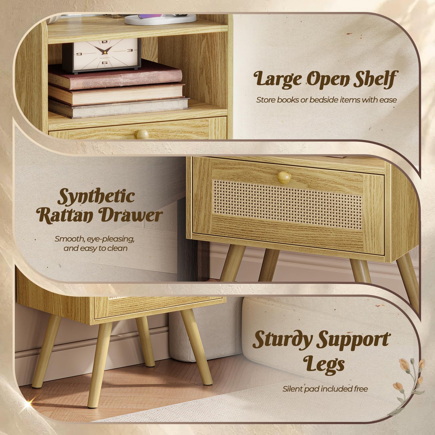 Nightstand with Charging Station & Rattan