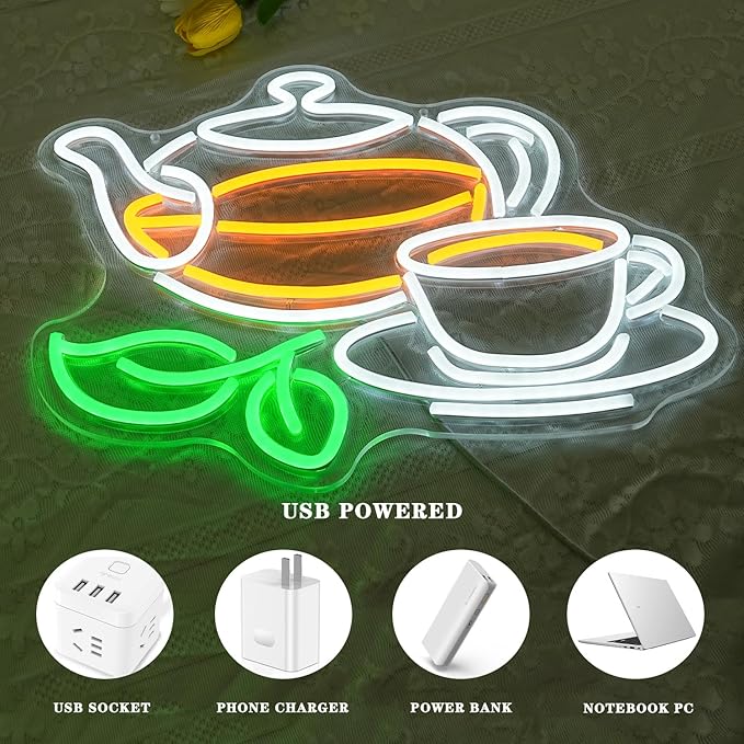 Tea Neon Sign for Wall Decor Tea Pot Neon Light Drinks LED Neon Signs Colorful Tea Cup Led Neon Sign for Teashop Store Cafe Coffee Shop Mall Kitchen Tea Plantation Decoration