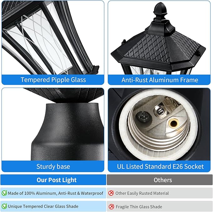 YSN Outdoor Post Lights 2 Pack, 16" Lamp Post Light Fixture, Black Pole Lights Outdoor, Waterproof Lamp Posts Outdoor Lighting with Pier Mount Base, Anti-rust Post Lamps for Outside Yard Garden Garage