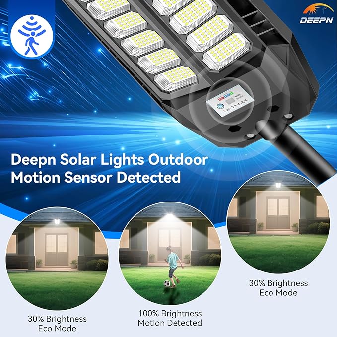 Deepn Solar Lights Outdoor 8000W, Solar Street Lights Outdoor Waterproof, 480 LED Security Flood Light 7000K Street Light 300000LM with Motion Sensor & Dusk to Dawn for Pathway & Yard, LA065W, 2 Pack