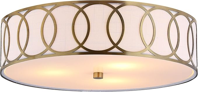 JONATHAN Y 12.25" Brass Gold Modern Metal LED Flush Mount Ceiling Light for Bedroom Hallway, White Linen Drum Shade with Geometric Fretwork, LED Bulbs Included (JYL3503A)
