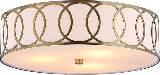 JONATHAN Y 12.25" Brass Gold Modern Metal LED Flush Mount Ceiling Light for Bedroom Hallway, White Linen Drum Shade with Geometric Fretwork, LED Bulbs Included (JYL3503A)