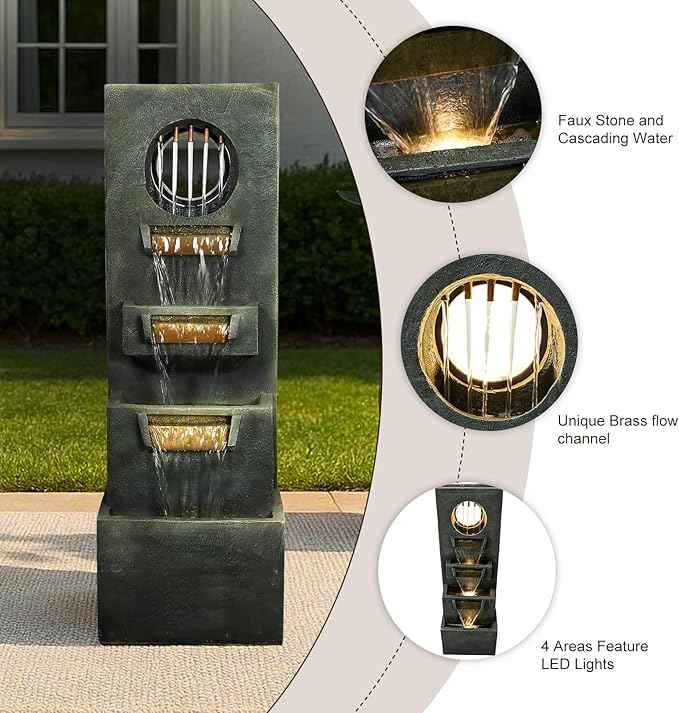 Naturefalls 39.3” H Modern Outdoor Fountain - 4-Tiered Outdoor Garden Fountains with Contemporary Design&LED Light for Garden, Patio, Deck, Porch, Backyard and Home Art Decor