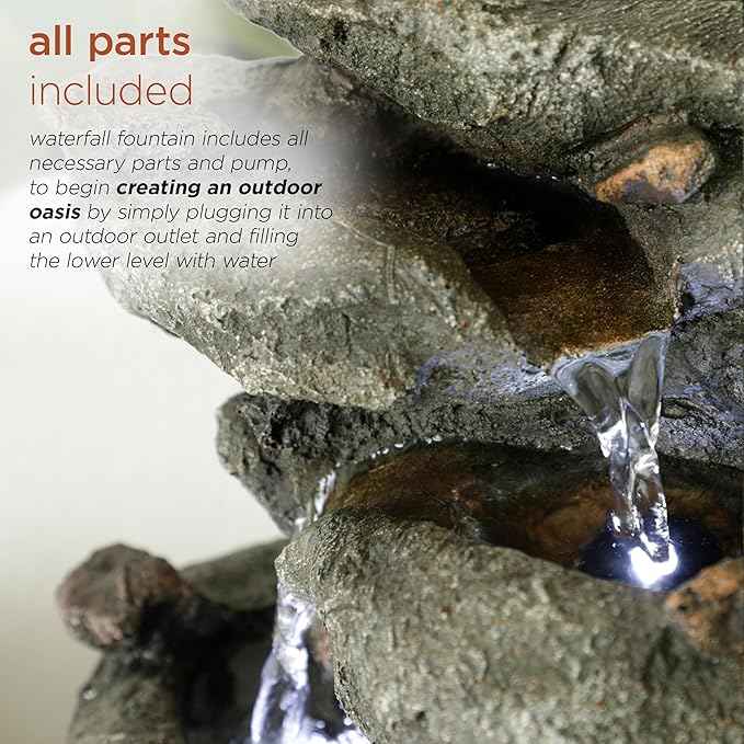 Alpine Corporation TZL154 14" Indoor Tabletop Rainforest Rock Water Fountain with LED Lights, Tiered Desktop Fountain for Home and Office Décor, Gray