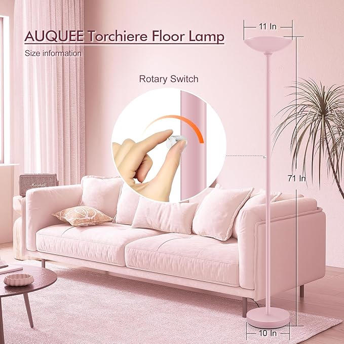 30W Pink Torchiere Floor Lamp, 3600LM Super Bright LED Pole Lamp, 71Inch Tall Stepless Dimmable Torch Lamp, 1Inch Thick Metal Tube, Rotary Switch, Modern Standing Lamp for Living Room/Bedroom/Office - Aura Lighting