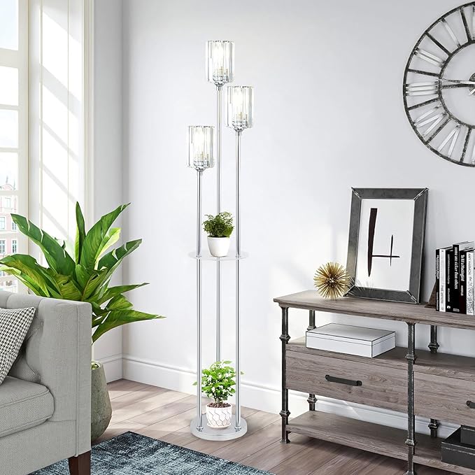 HMVPL Crystal Floor Lamps for Living Room, Modern Floor Lamp with Shelves, 3-Lights Standing Lamp with Crystal Shade, On/Off Foot Switch, Silver Corner Floor Lamp for Bedroom Living Room Office(66") - Aura Lighting