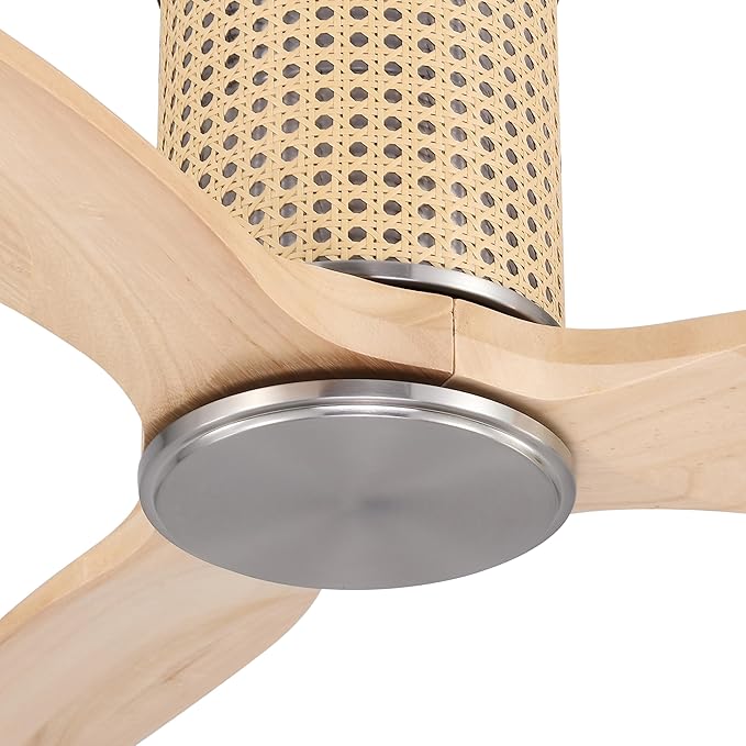 48" Ceiling Fan No Light - Low Profile Flush Mount Ceiling Fan, 6-Speed Remote Control, Solid Wood, Quiet Reversible DC Motor, Wood/Silver Finish, for Bedroom, Living Room, Porch - Aura Lighting