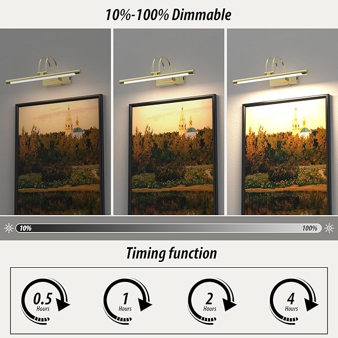URSOLA 16” Picture Lights for Wall, 5200mAh Rechargeable Battery, Gold Coldless Picture Light with Remote. 3CCT, Timer, Dimmer.