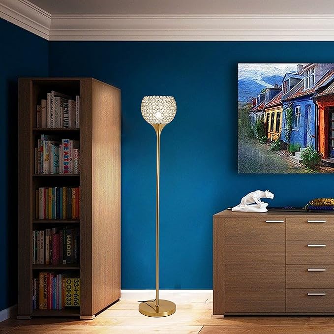 DFL Spherical Gold Crystal Floor Lamp, 8.7 inch Modern Standing Lamp with Elegant Shade , Tall Pole Accent Lighting for Living Room,Girl Bedroom, Dresser, Office, Foot Switch, LED Bulb Included - Aura Lighting