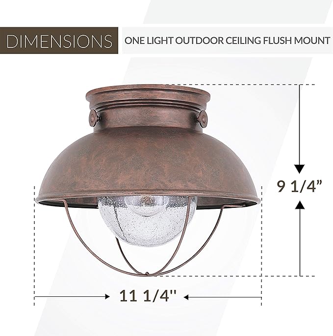Sea Gull Lighting 8869-44 Sebring One-Light Outdoor Flush Mount Ceiling Light with Clear Seeded Glass Diffuser, Weathered Copper Finish