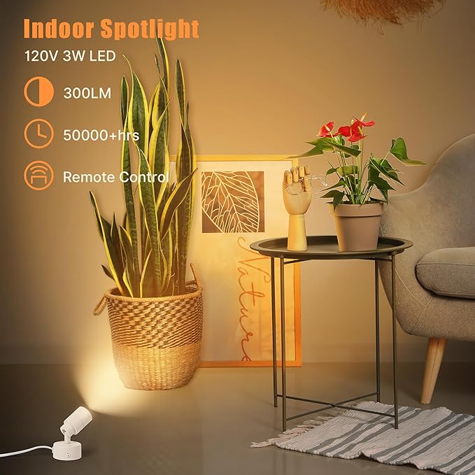 LED Spot Lights Indoor, 5W Uplighting with Remote Control Dimmable & Timer, Uplights Indoor Floor Spotlights with 3 CCT, Accent Lighting Stick on Wall Light for Plants Picture Artwork, White