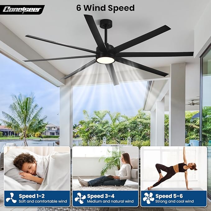 Ceiling Fans with Lights, 84 Inch Ceiling Fan with Light and Remote,Living Room Library Cafe Outdoor/Industrial, 3CCT 8 Blades 6 Speed Reversible Quiet DC Motor, Black/A