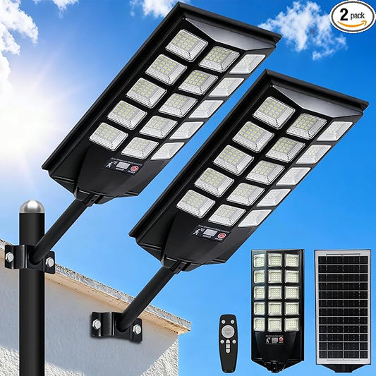 Jercoda Solar Street Lights Outdoor 2 Pack, 6500K 50000LM LED Flood Lights Motion Sensor Dusk to Dawn Security Lights with Remote Control, Waterproof Solar Powered Lighting for Garden Yard Parking Lot